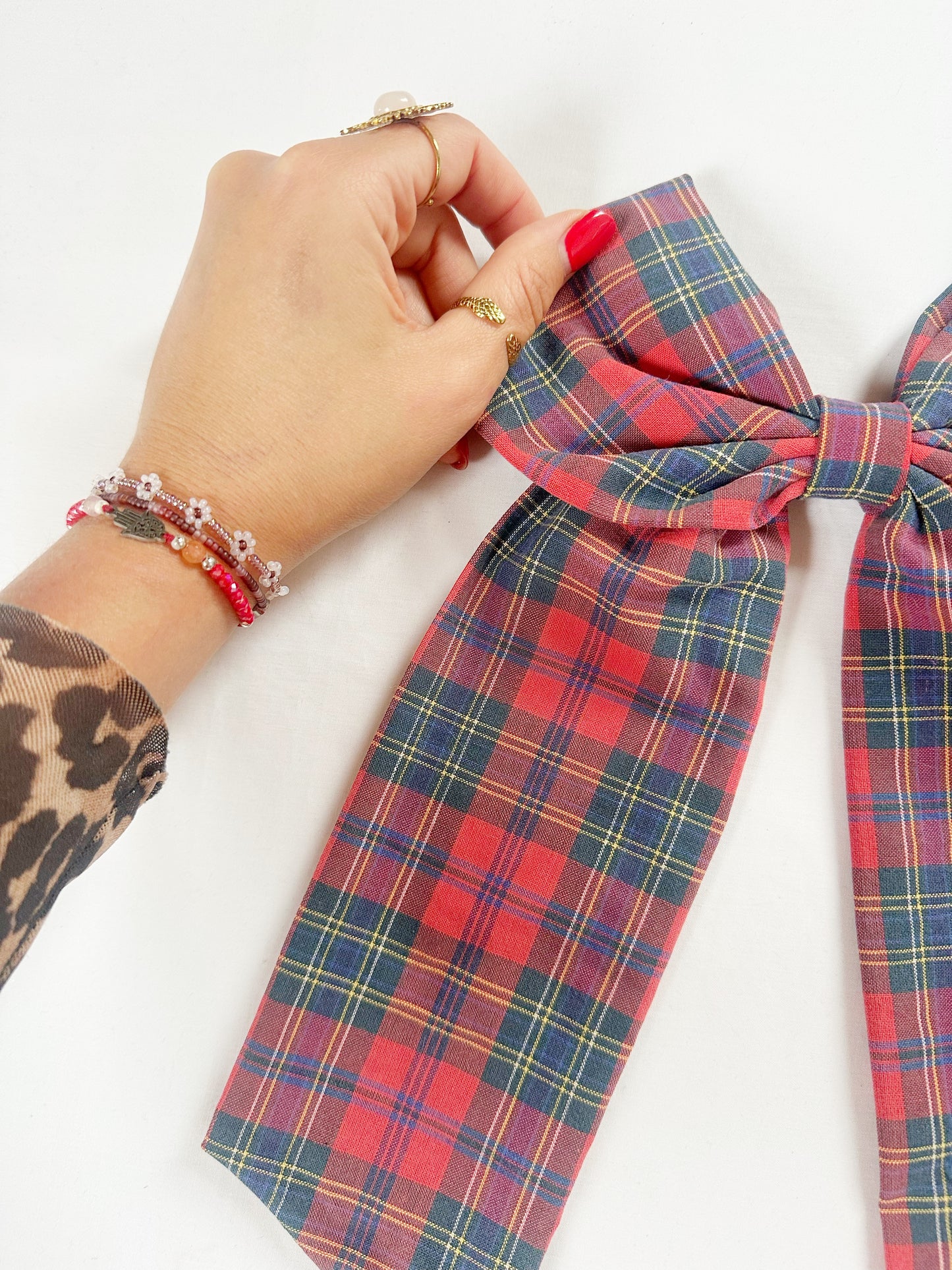 Power Hair Bow in vintage red tartan cotton