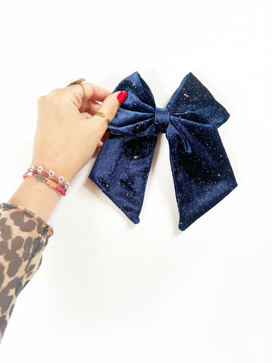 Beau hair bow in blue velvet glitter