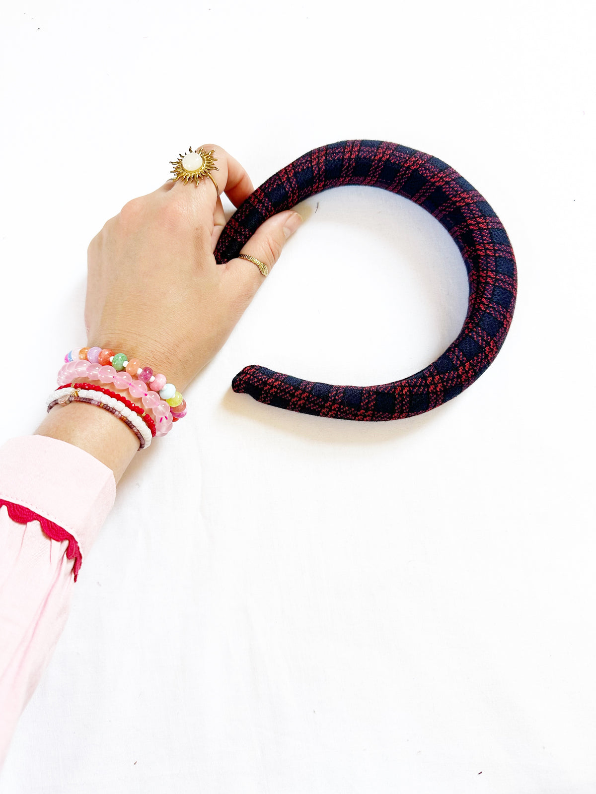 Padded Headband in navy tartan wool
