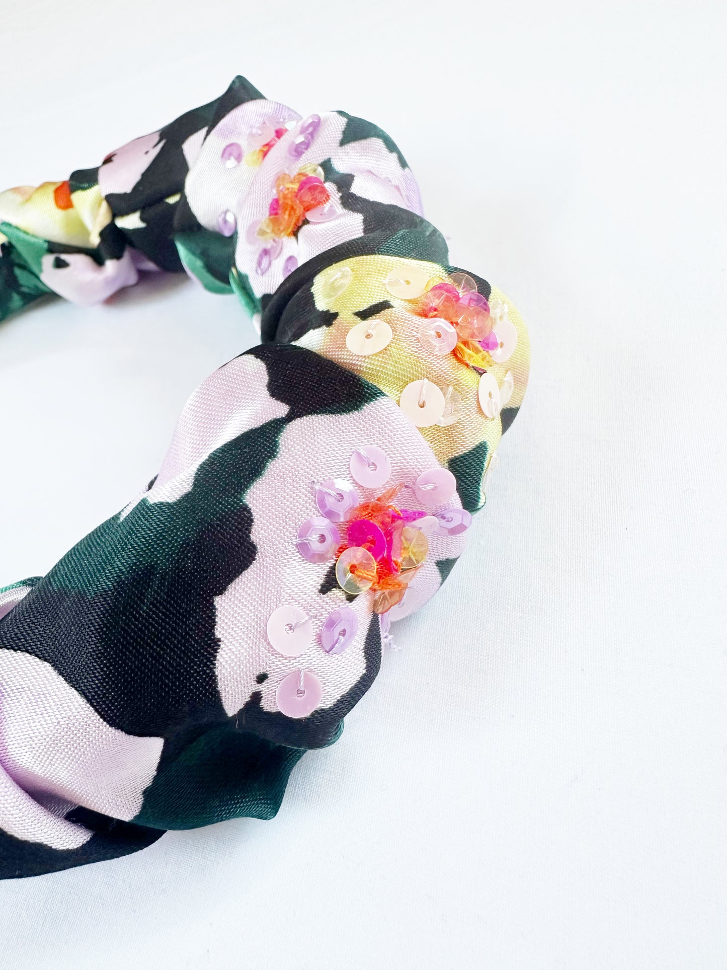 The Kate -  Ruffle Headband in silky floral sequins