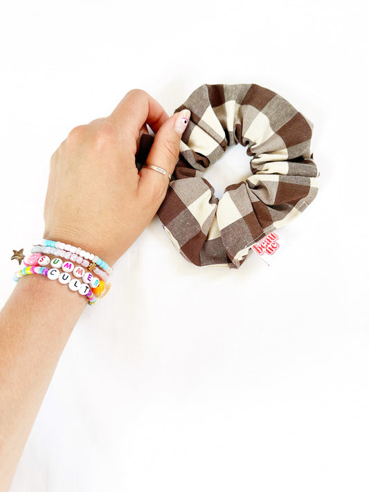 OG scrunchie in Heidi brown and cream gingham