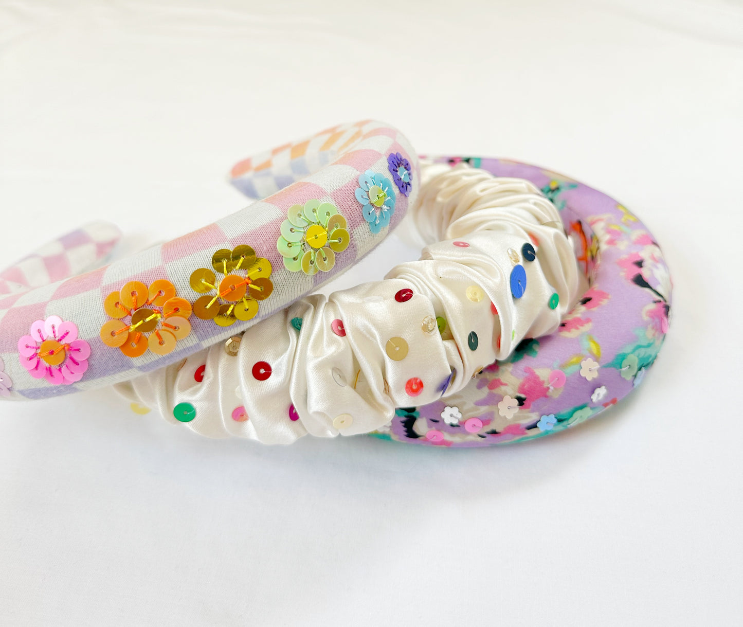 The Confetti - Ruffle Headband in ivory silk with mixed colour sequins