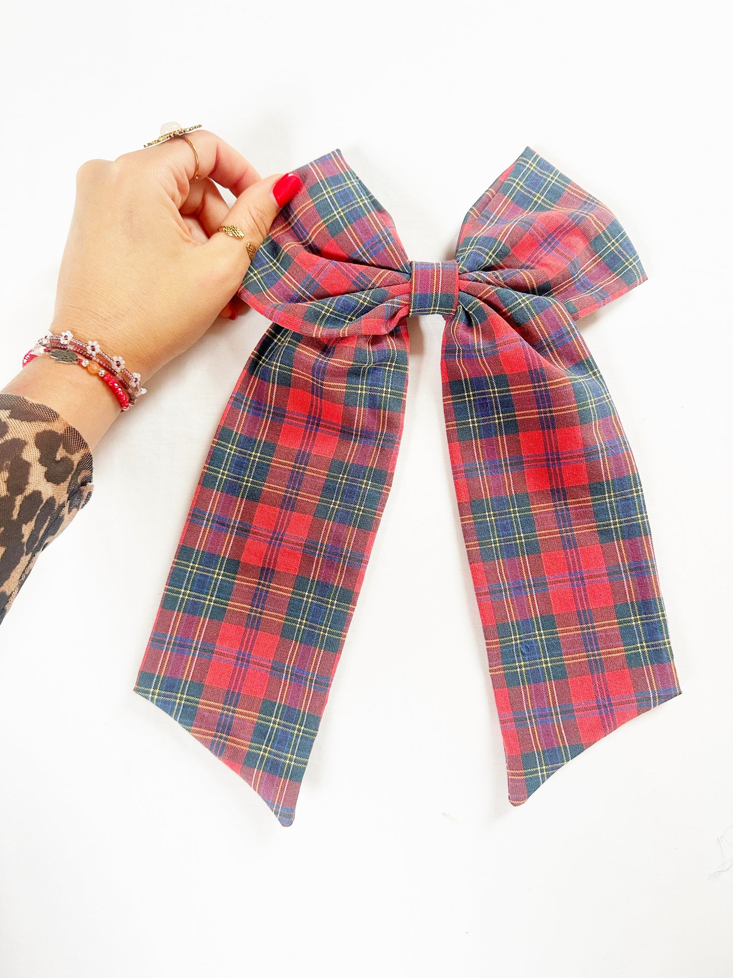 Power Hair Bow in vintage red tartan cotton
