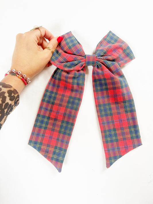 Power Hair Bow in vintage red tartan cotton