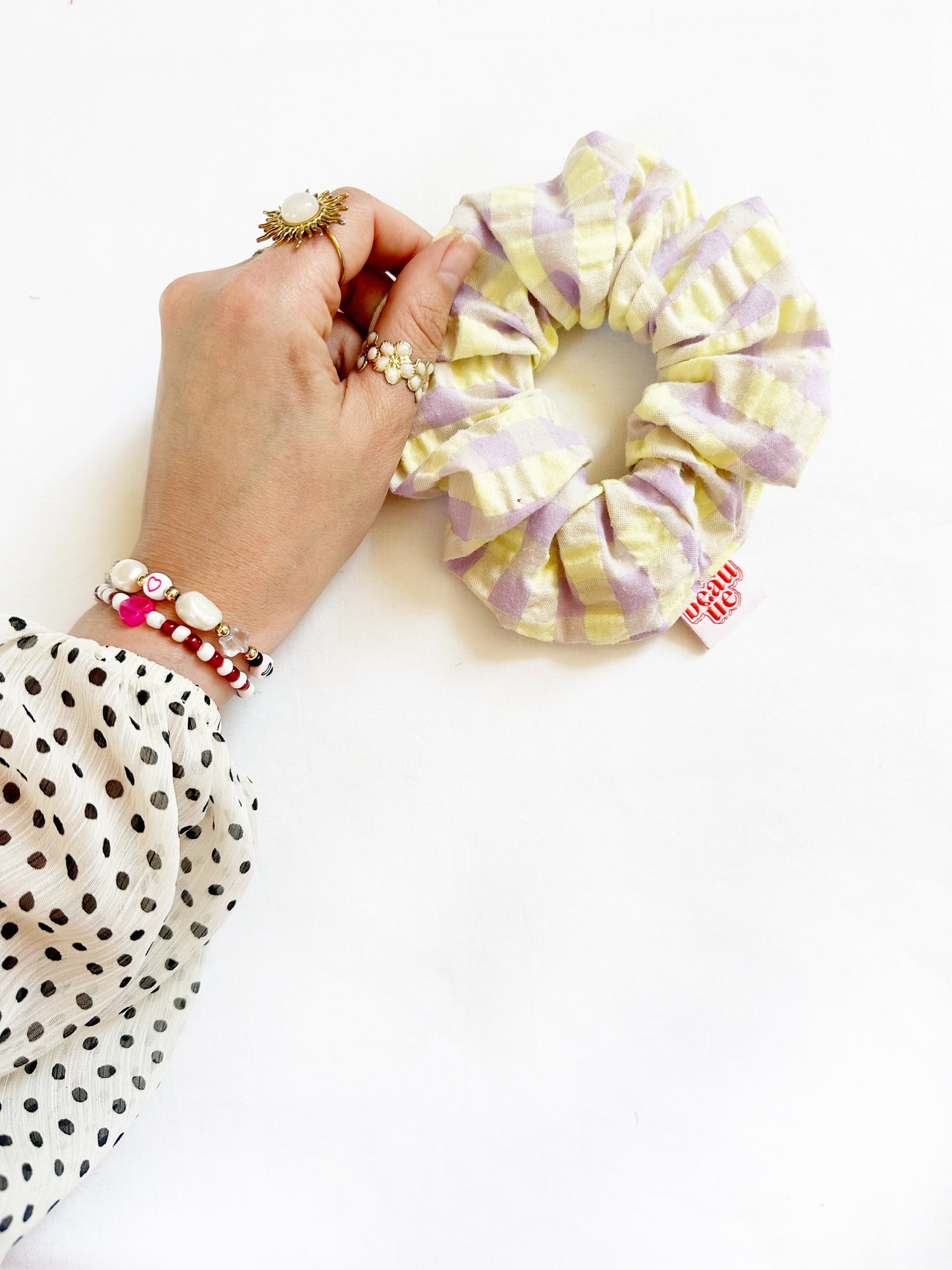 OG scrunchie in lilac and yellow gingham