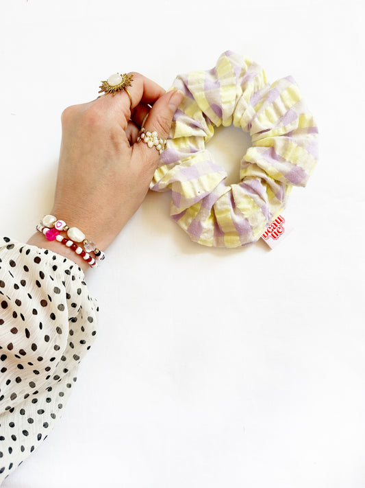 OG scrunchie in lilac and yellow gingham