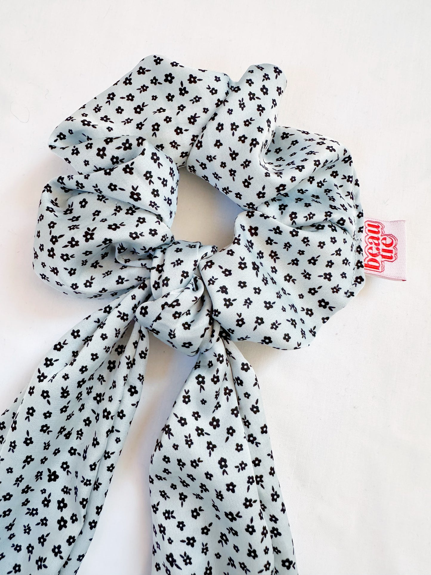 Dolly scarf scrunchie in pale blue floral, in mini or regular.