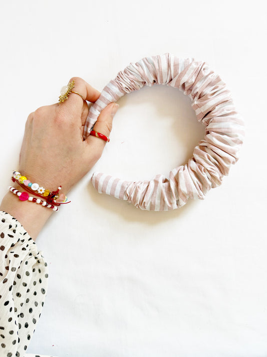 Ruffle Headband in blush and white stripe cotton