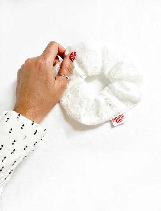 OG scrunchie in white broderie cotton