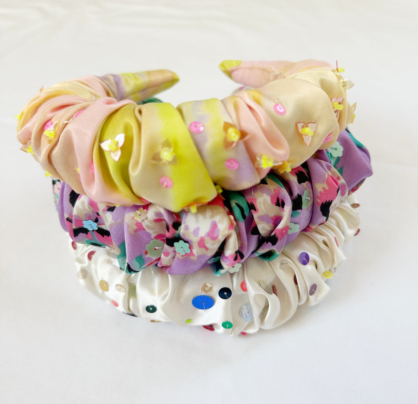 The Confetti - Ruffle Headband in ivory silk with mixed colour sequins