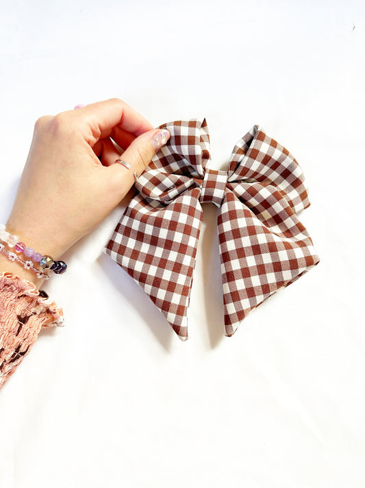 Hair Bow in brown and white gingham