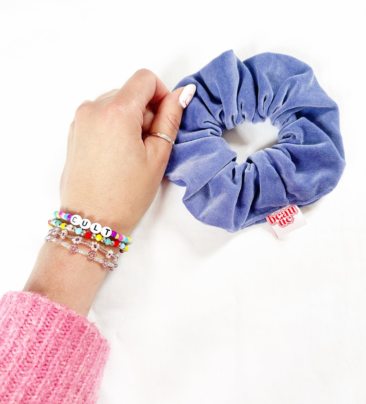 OG scrunchie in periwinkle purple velvet