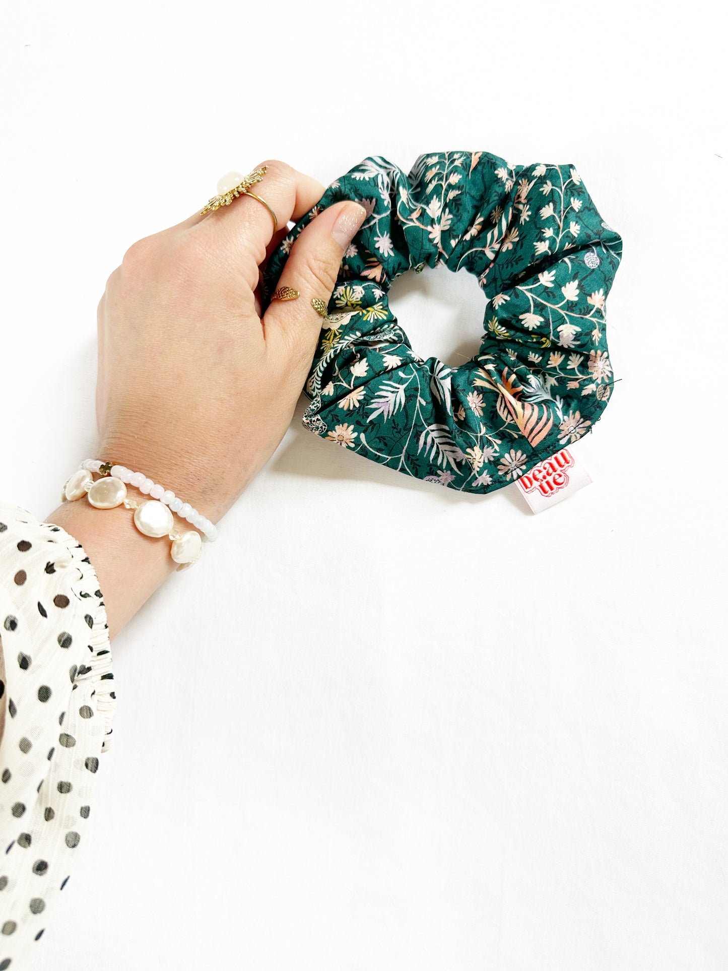 Liberty OG (regular) scrunchie in dark teal and peach