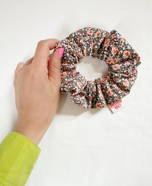 OG scrunchie in peach and lilac floral