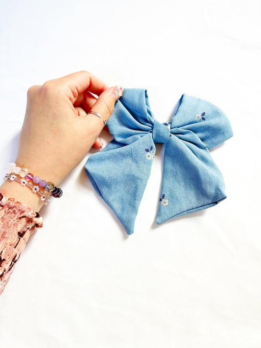 Hair Bow in floral denim