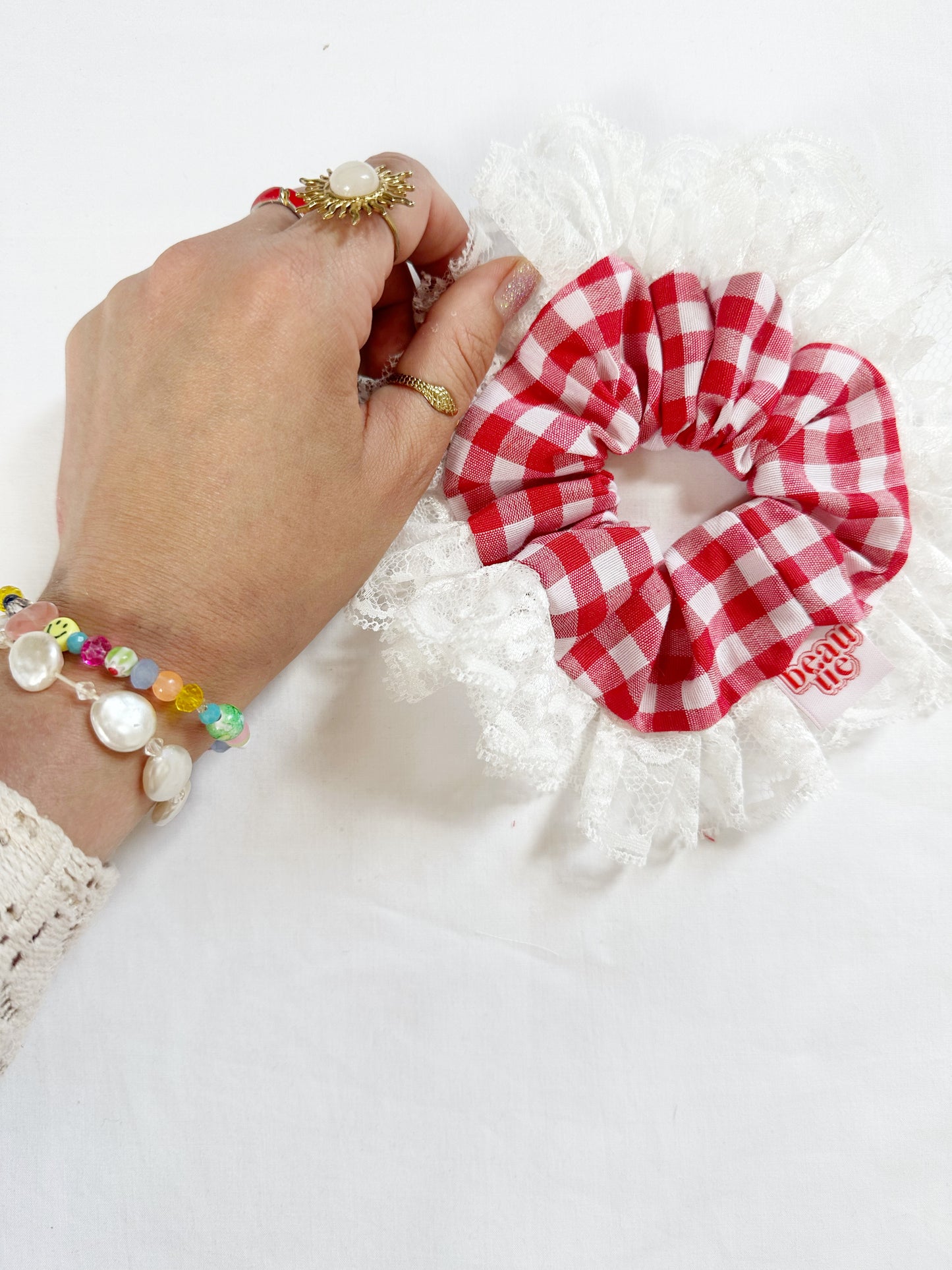 Frilly mini lace scrunchie in red gingham