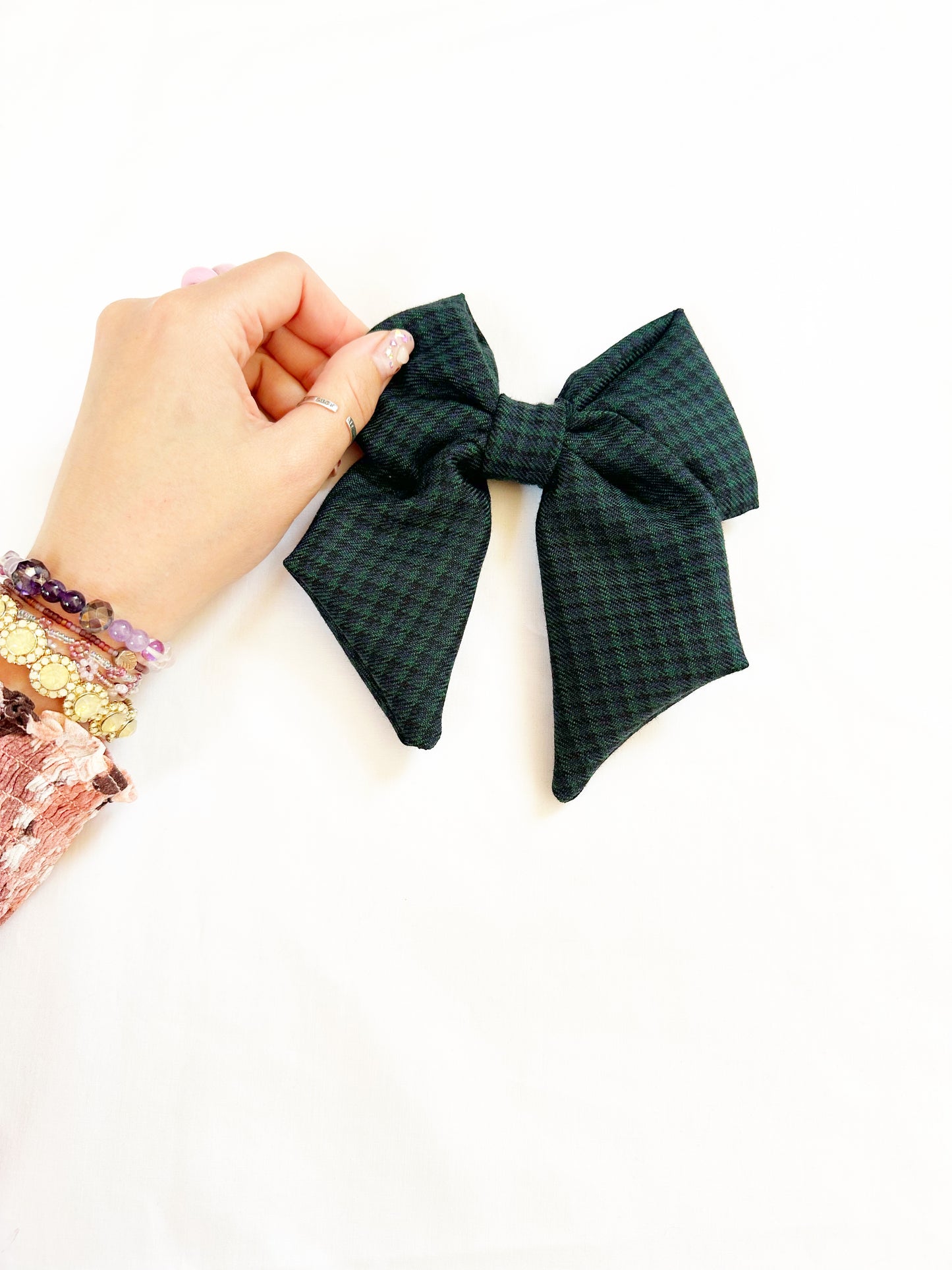 Hair Bow in navy and green check