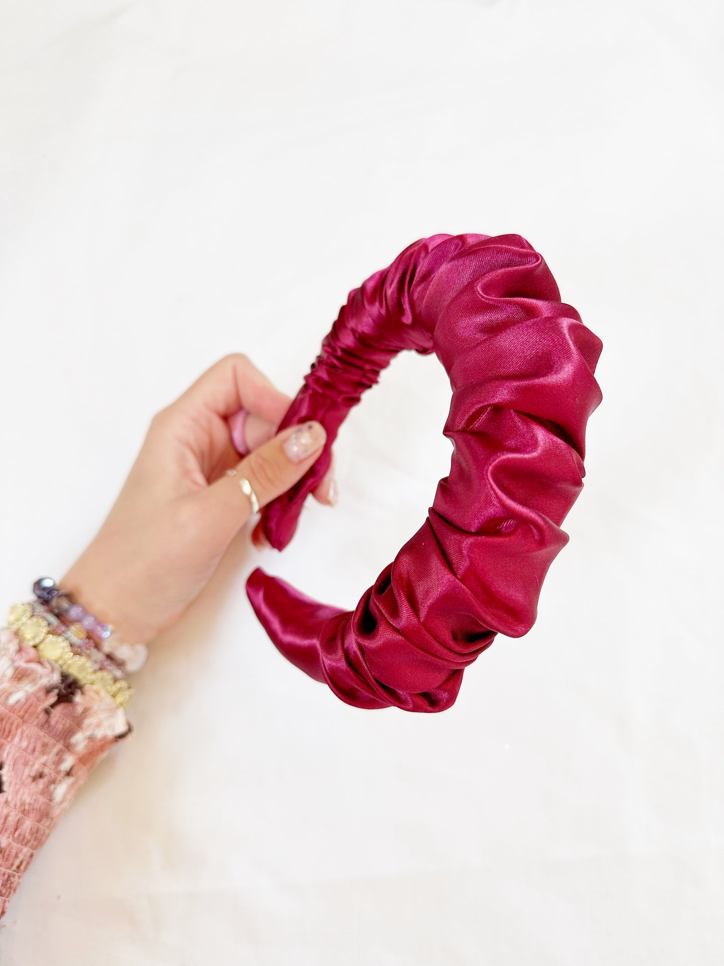 Ruffle Headband in burgundy silk