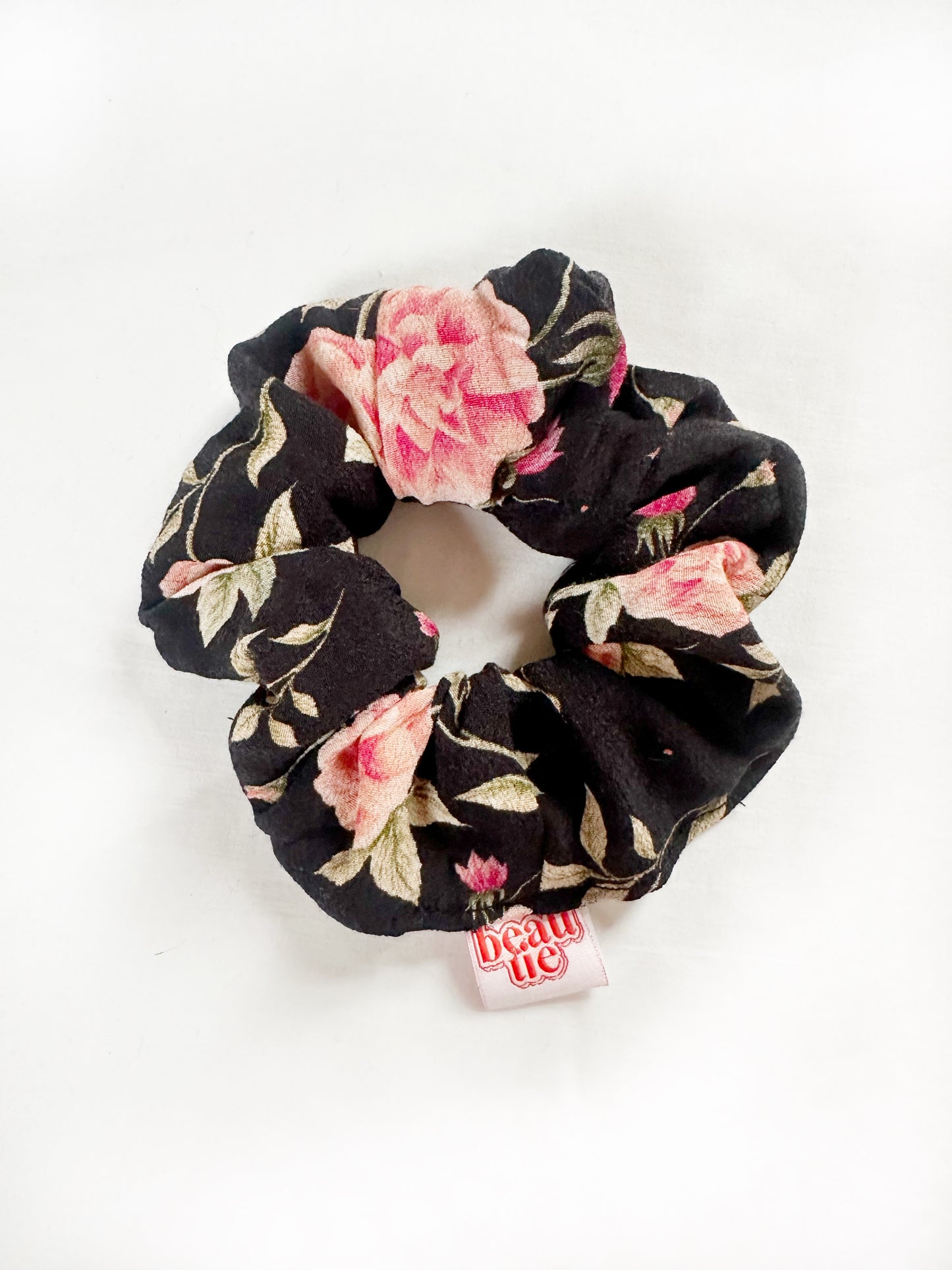 OG scrunchie in black and pink rose