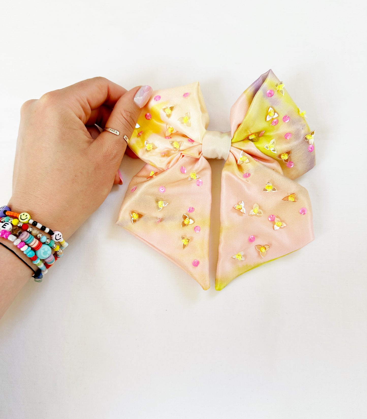 The Copenhagen - Hair Bow in multicolour pastel silky with sequin bead details