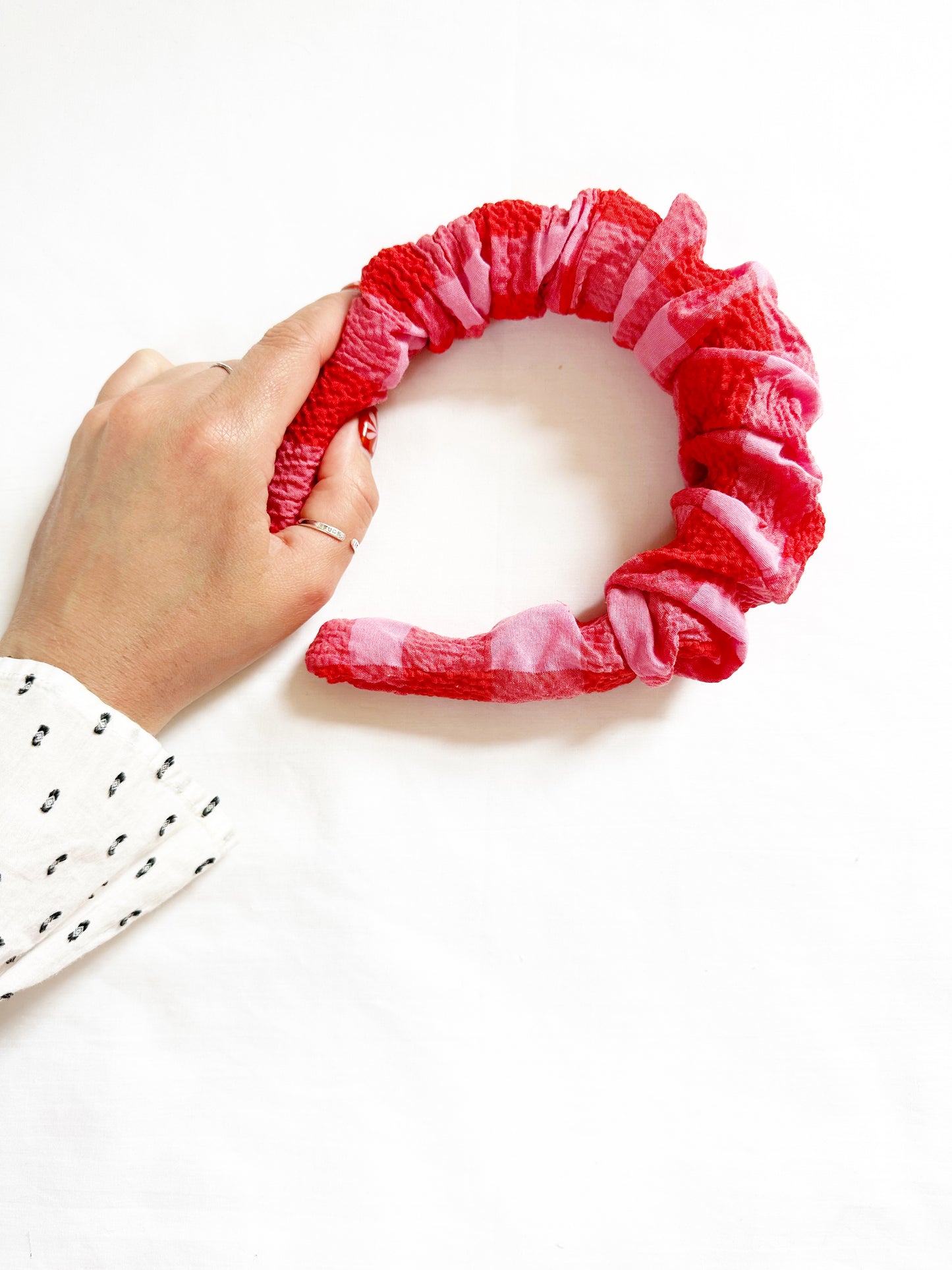 Ruffle Headband in pink & red gingham