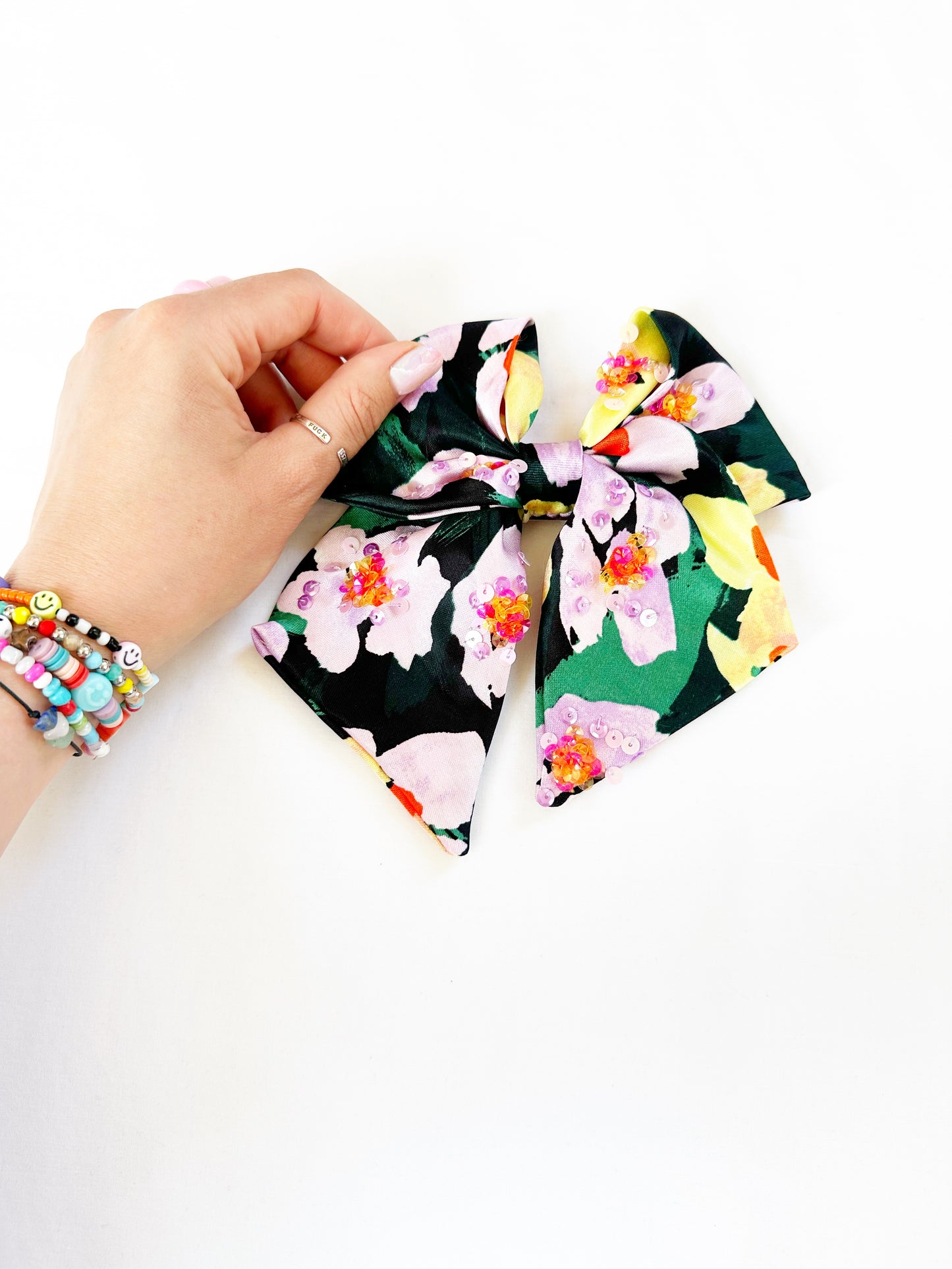 The Kate - Hair Bow in silky floral with sequin details