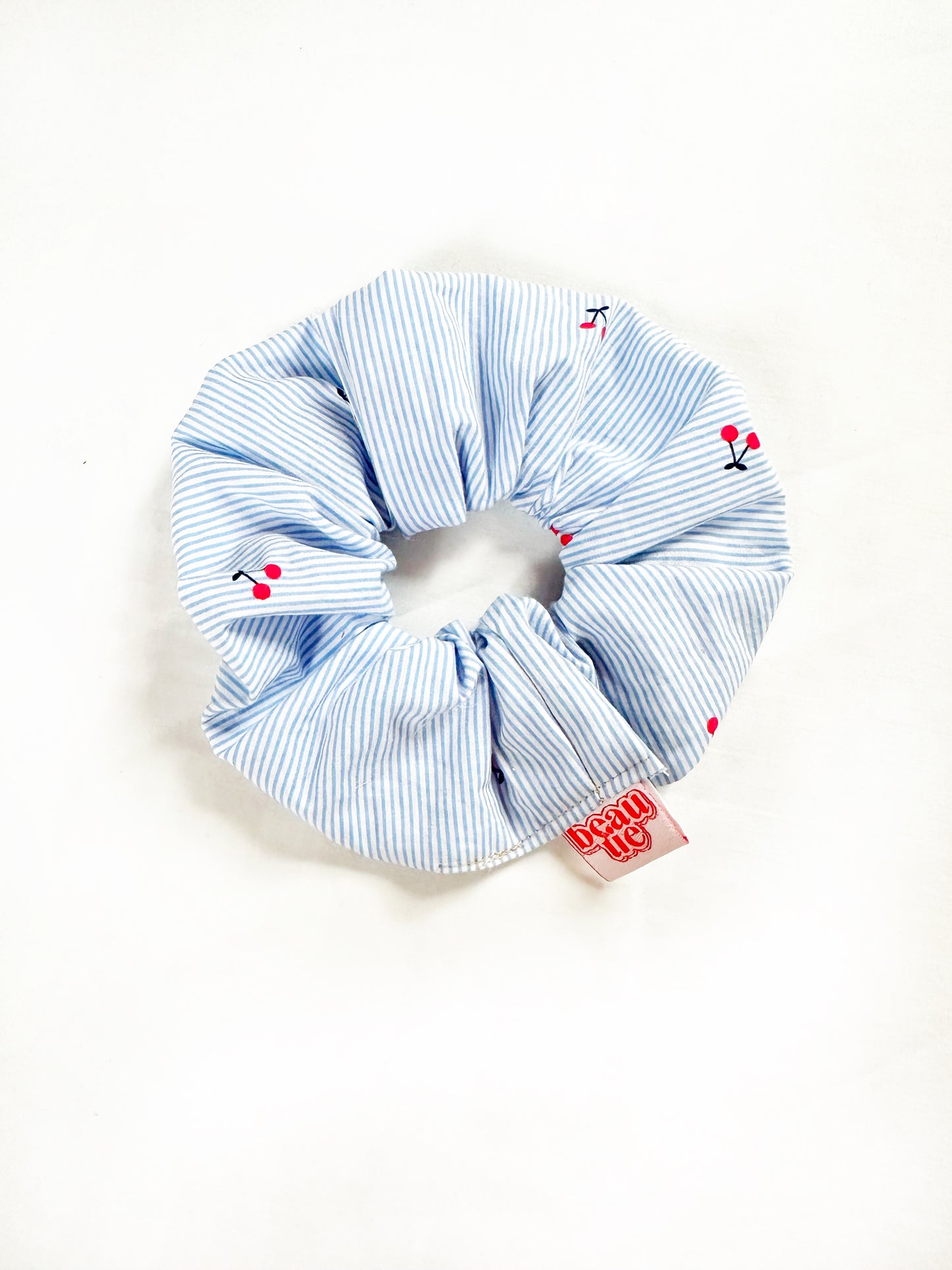 OG scrunchie in blue stripe cherry print