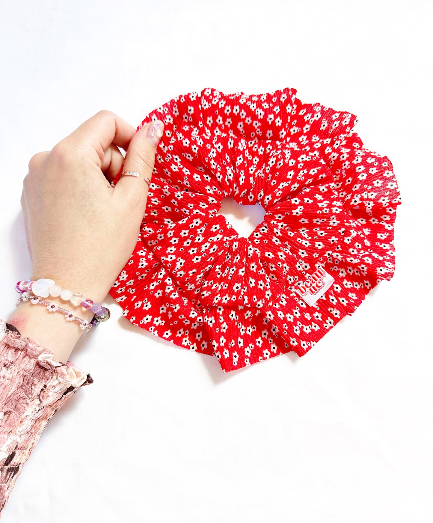 OG scrunchie in red floral ruffle