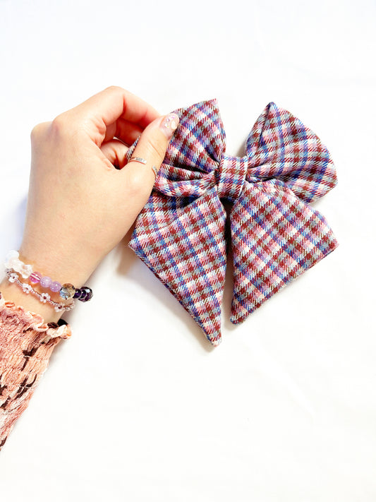 Hair Bow in brown pink and blue tartan