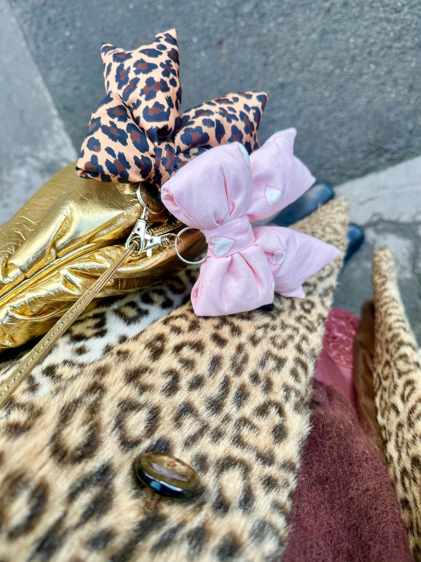 Puffy bow bag charm in leopard print
