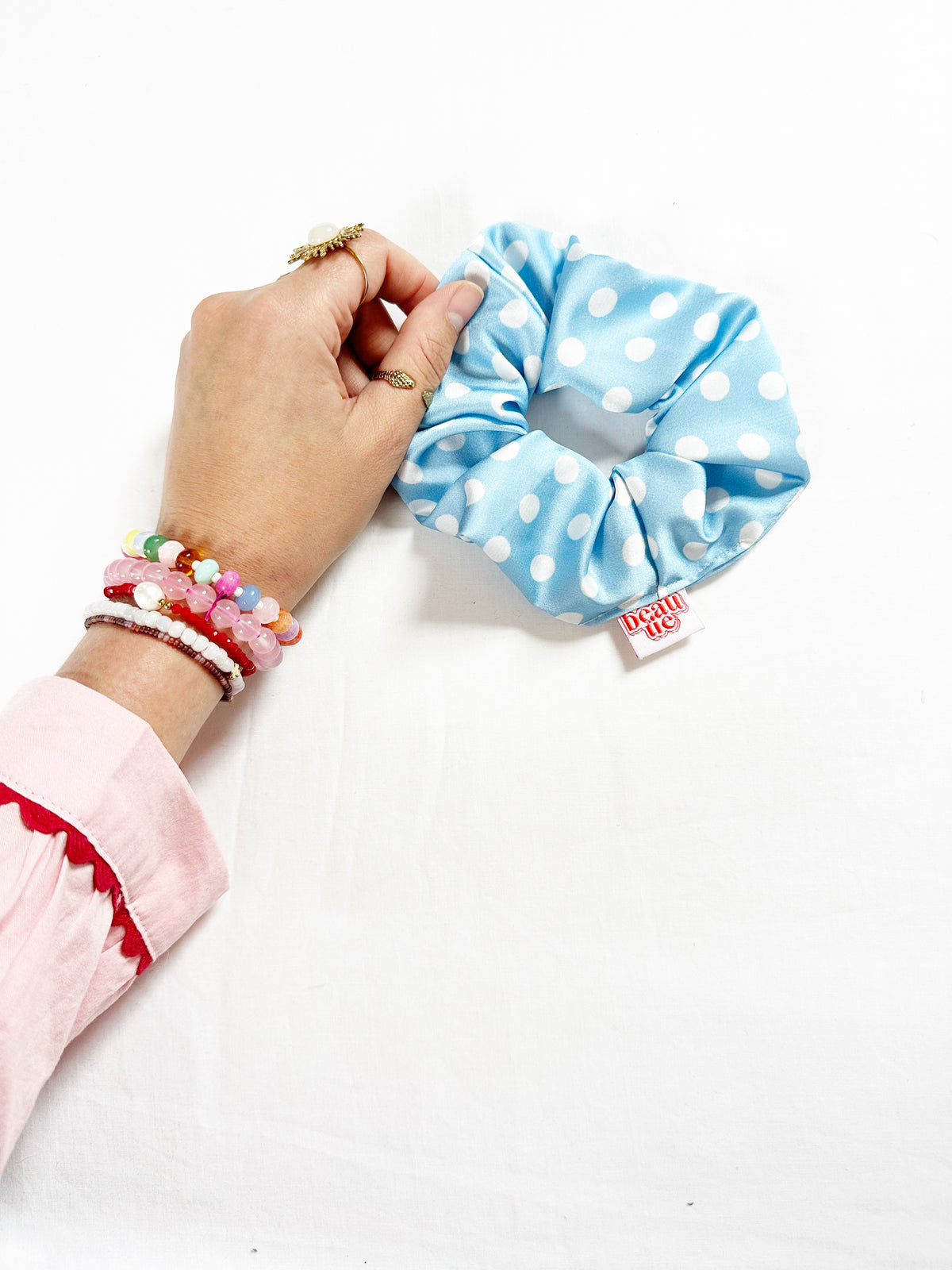 OG scrunchie in blue polka dot silk