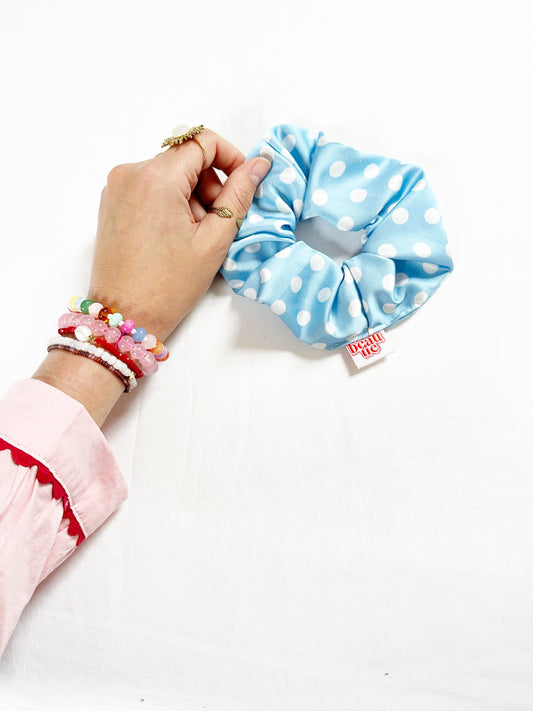 OG scrunchie in blue polka dot silk