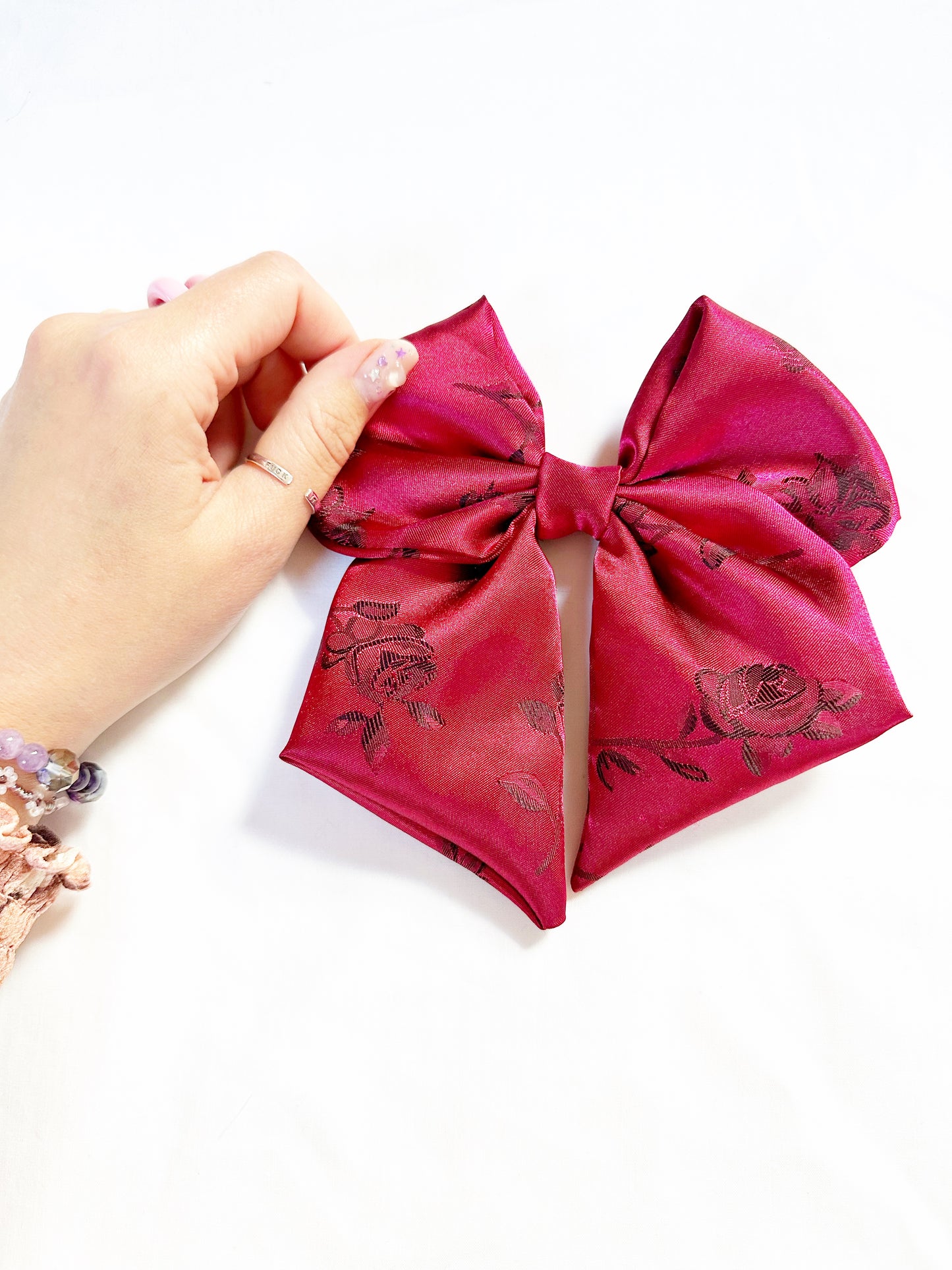 Hair Bow in burgundy floral silk