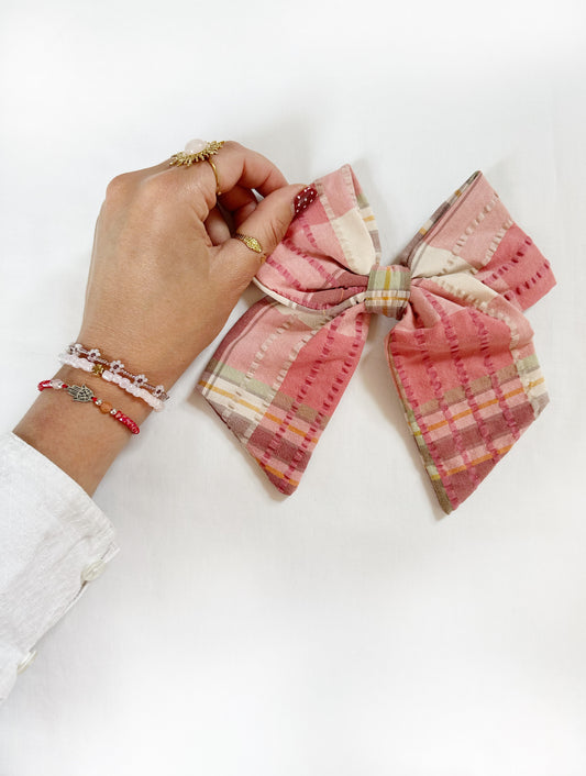 Beau hair bow in pink, brown and green tartan.