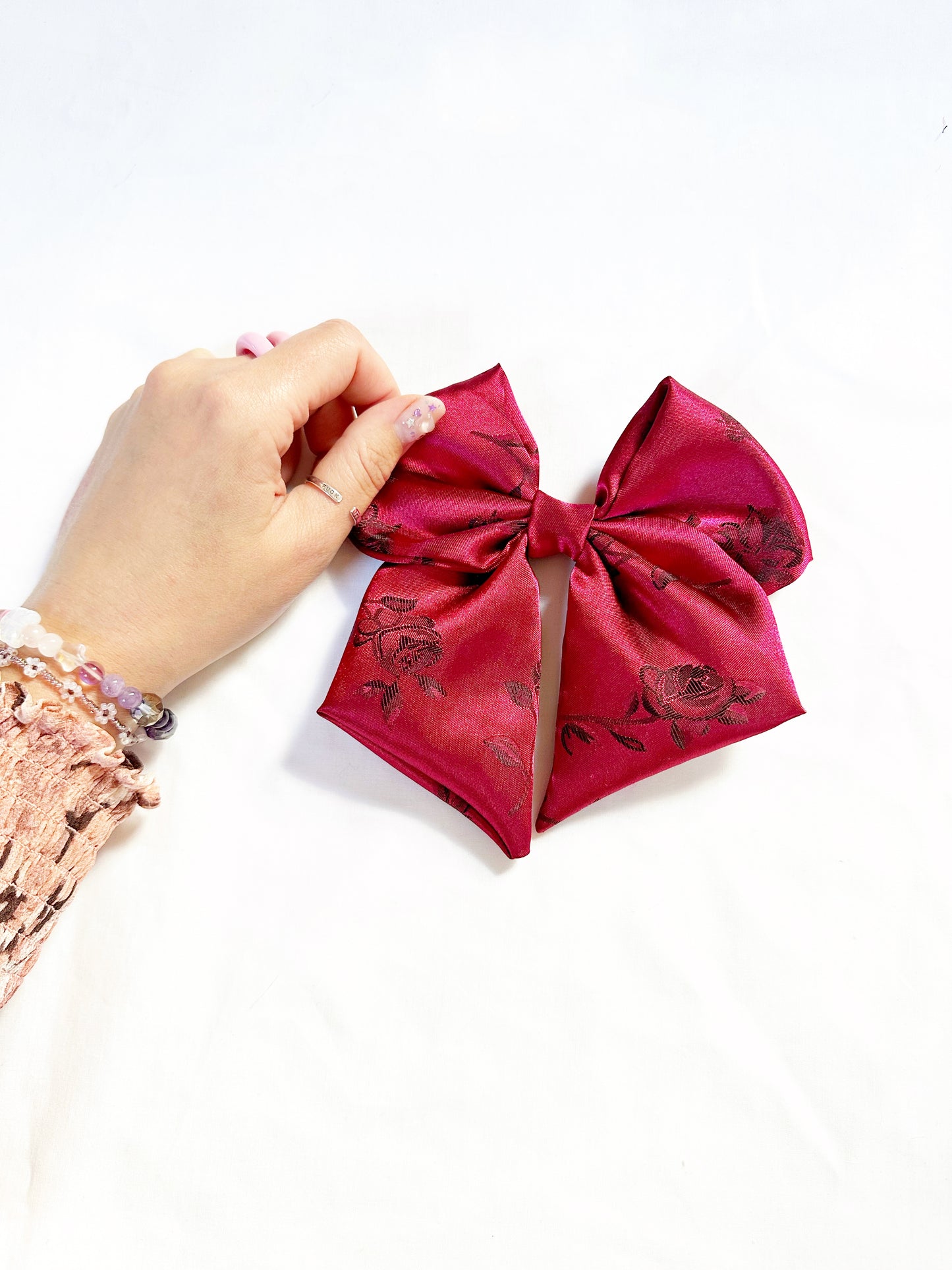 Hair Bow in burgundy floral silk