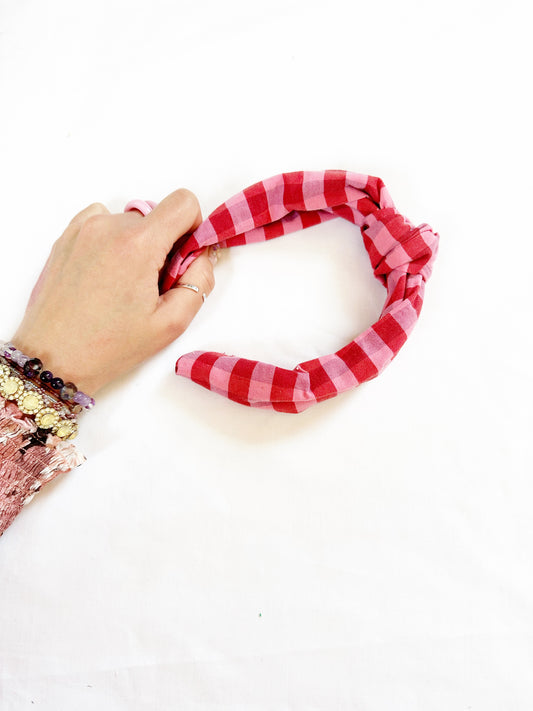 Knotted Headband in pink and red check