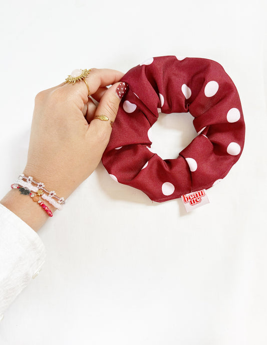 OG scrunchie in burgundy polka dot