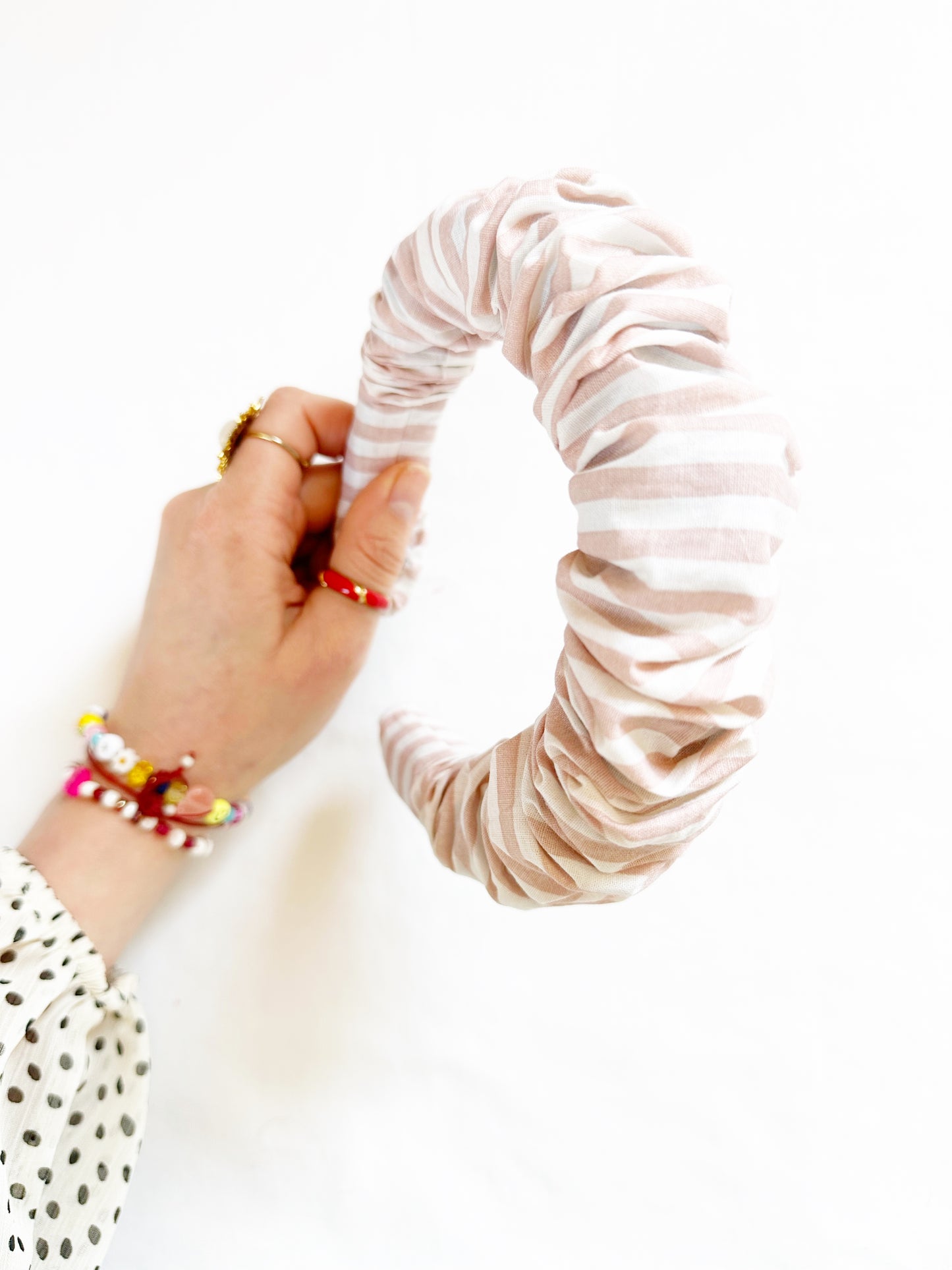 Ruffle Headband in blush and white stripe cotton