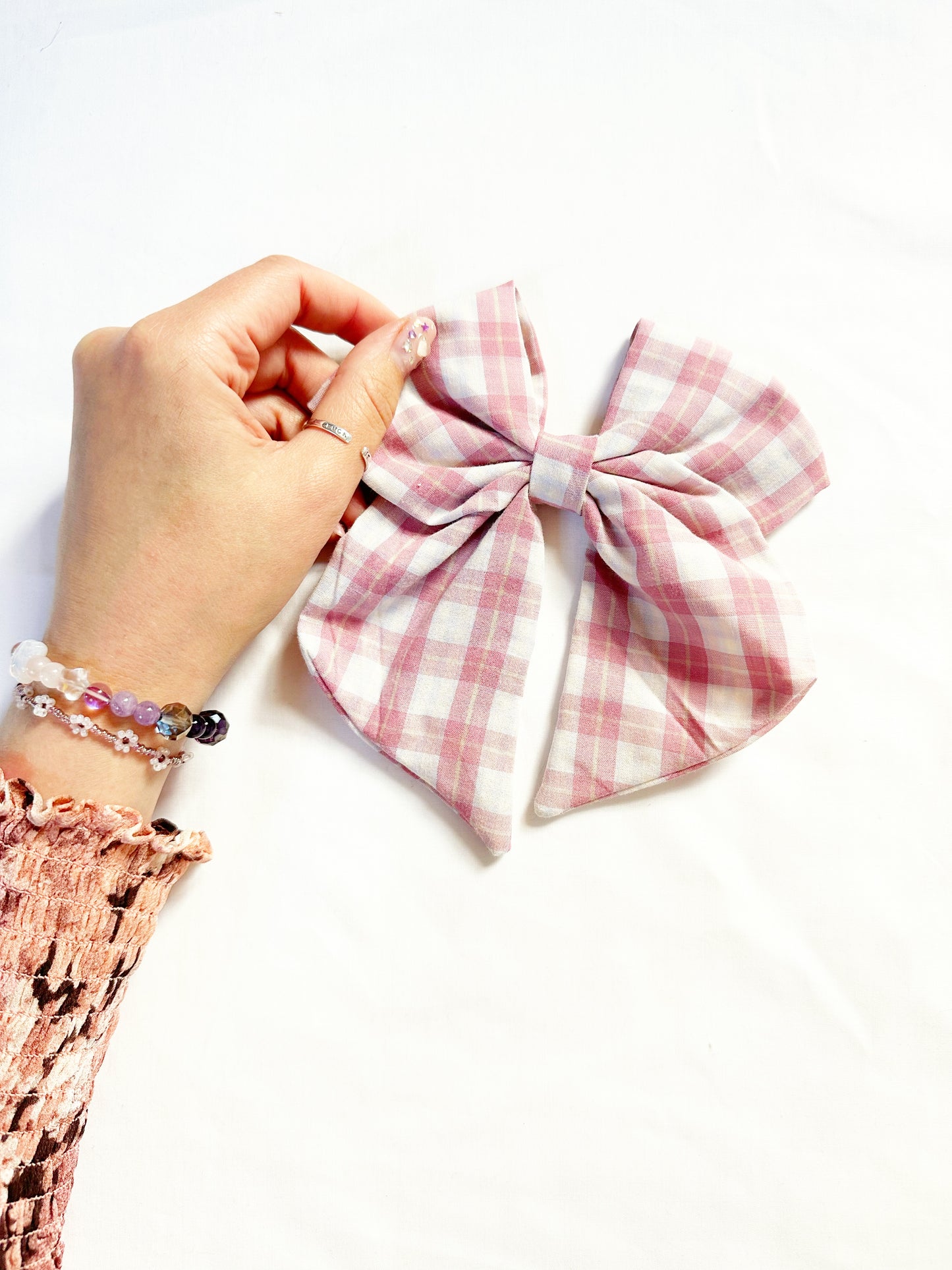 Hair Bow in pink and white tartan