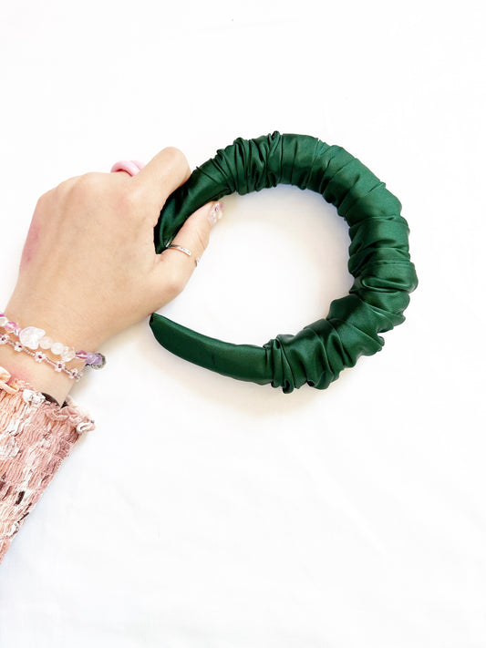 Ruffle Headband in hunter green silk