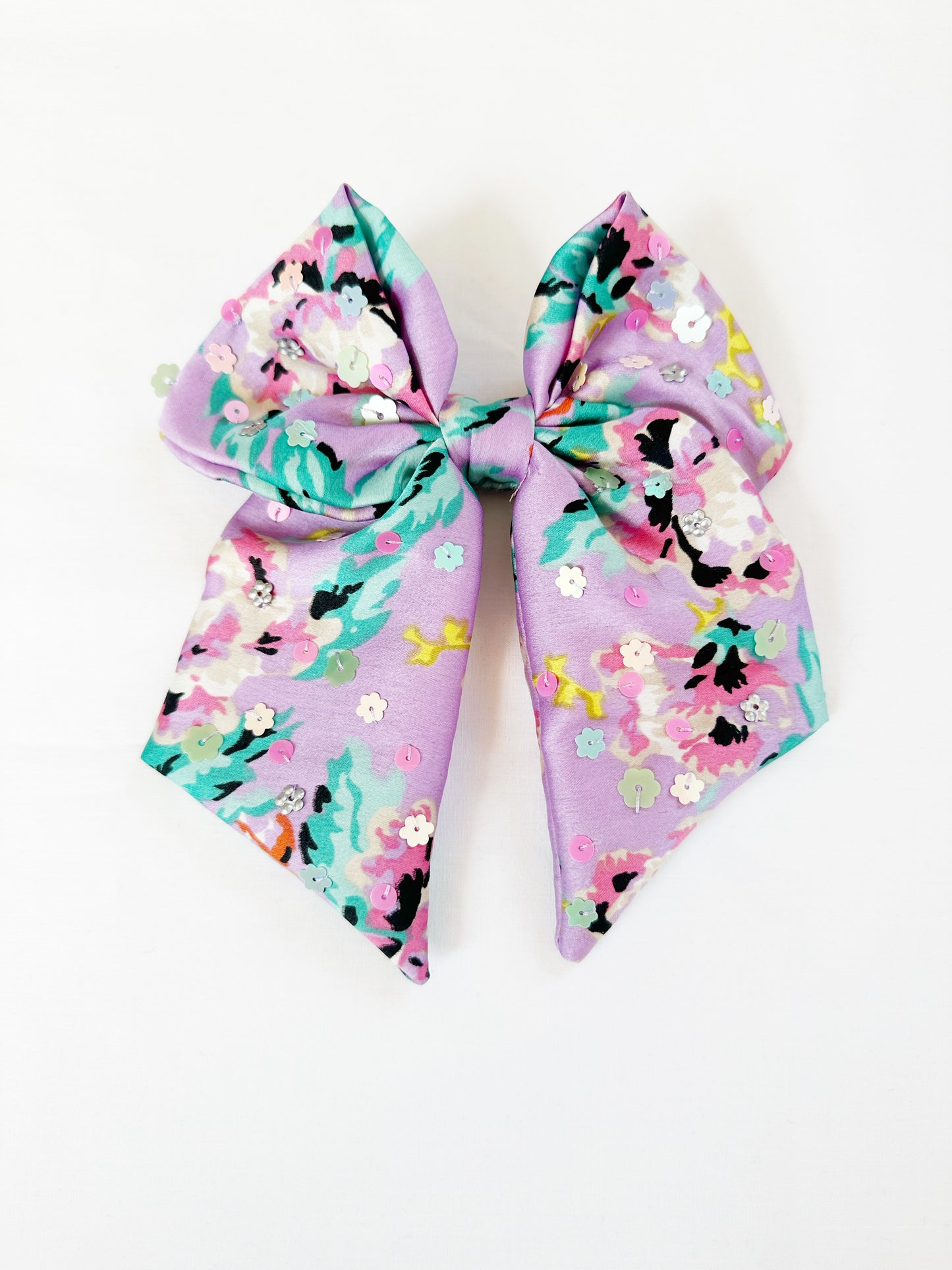 The Emma - Hair Bow in lilac silky floral with sequin flowers