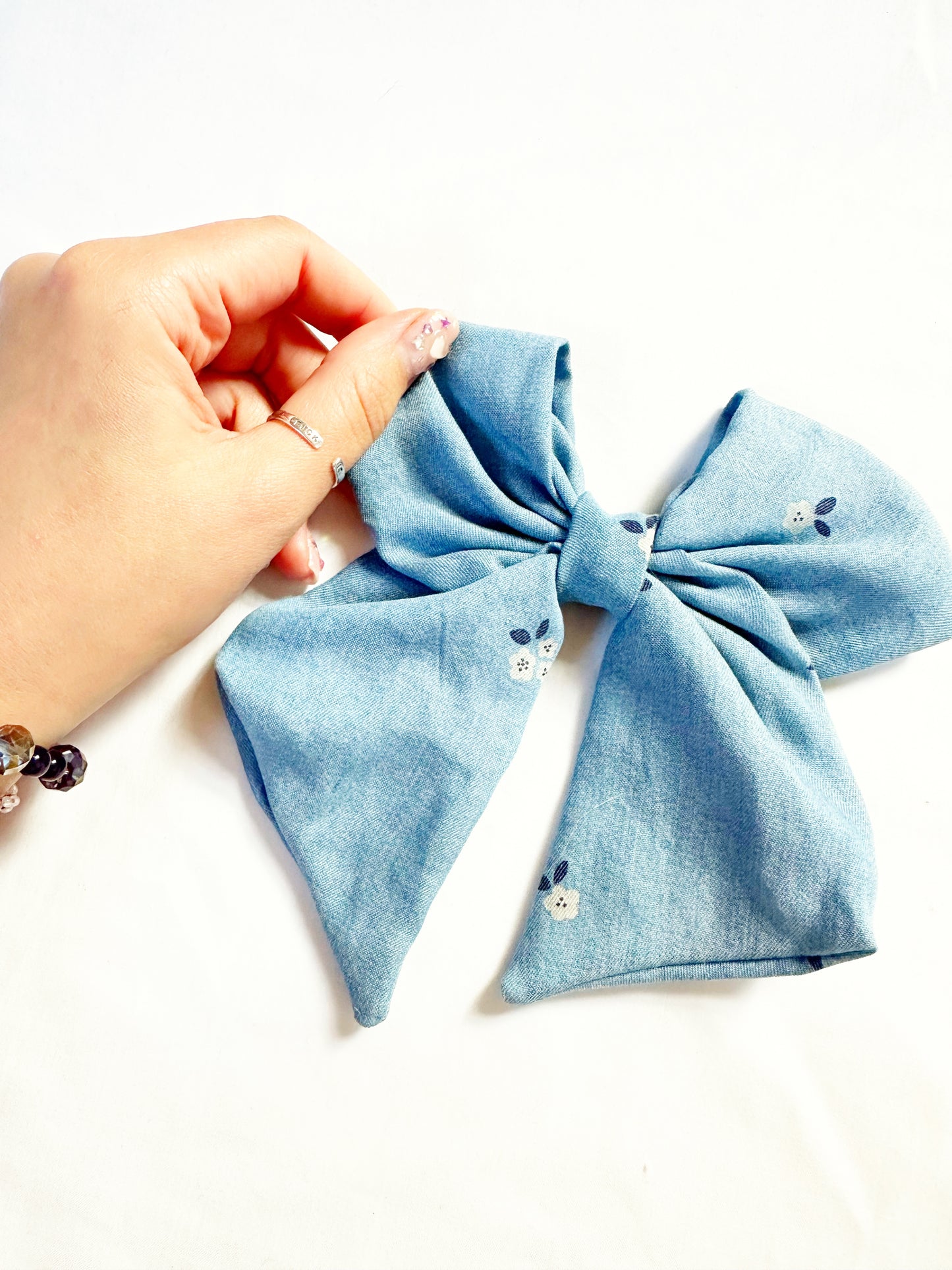 Hair Bow in floral denim