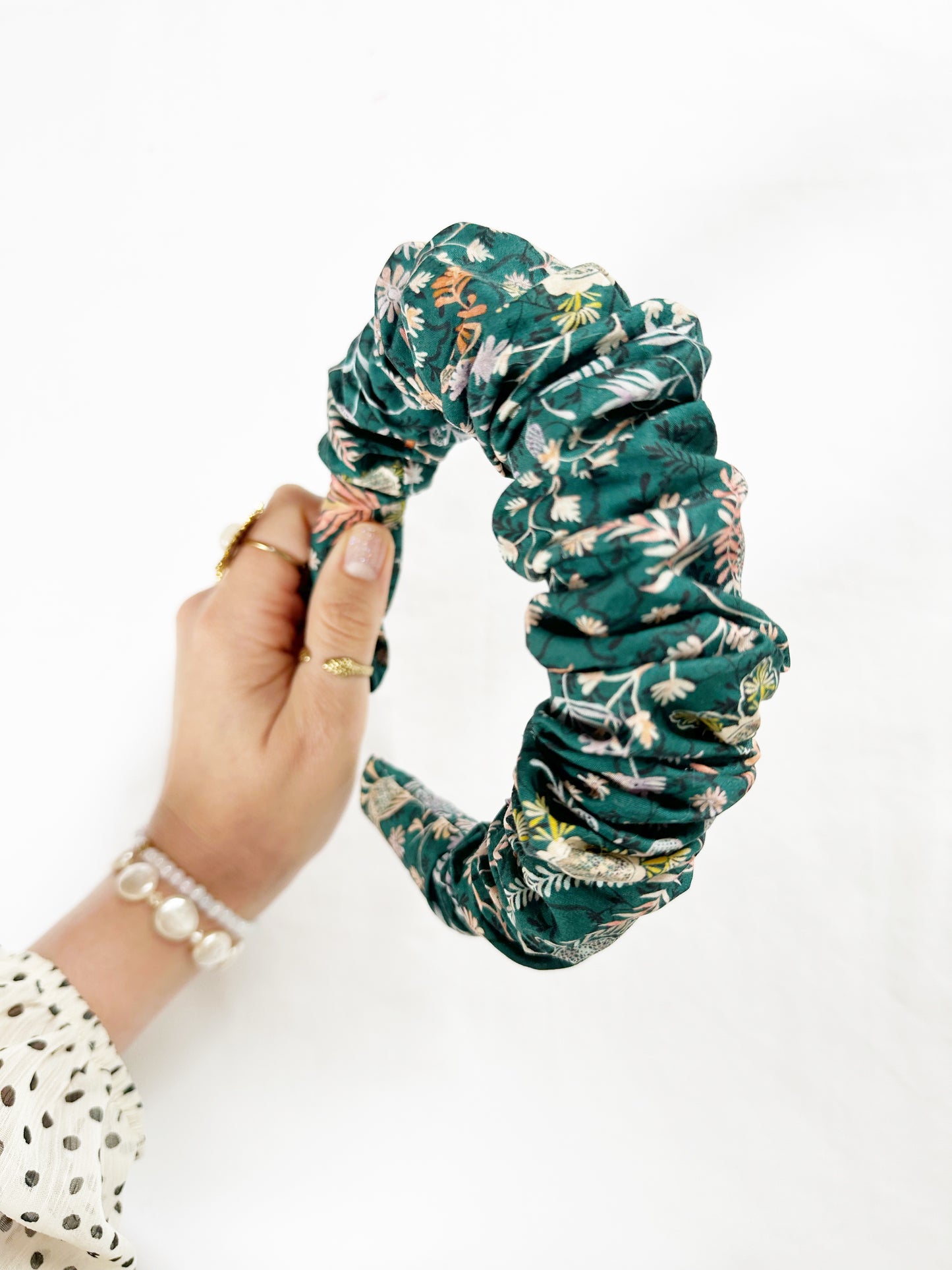 Liberty Ruffle Headband in dark teal floral