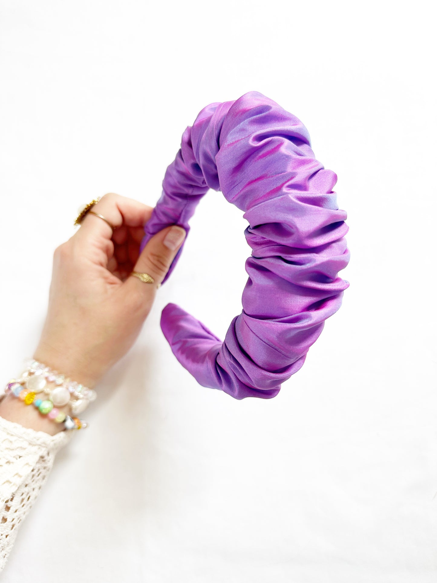 Ruffle Headband in purple shot silk