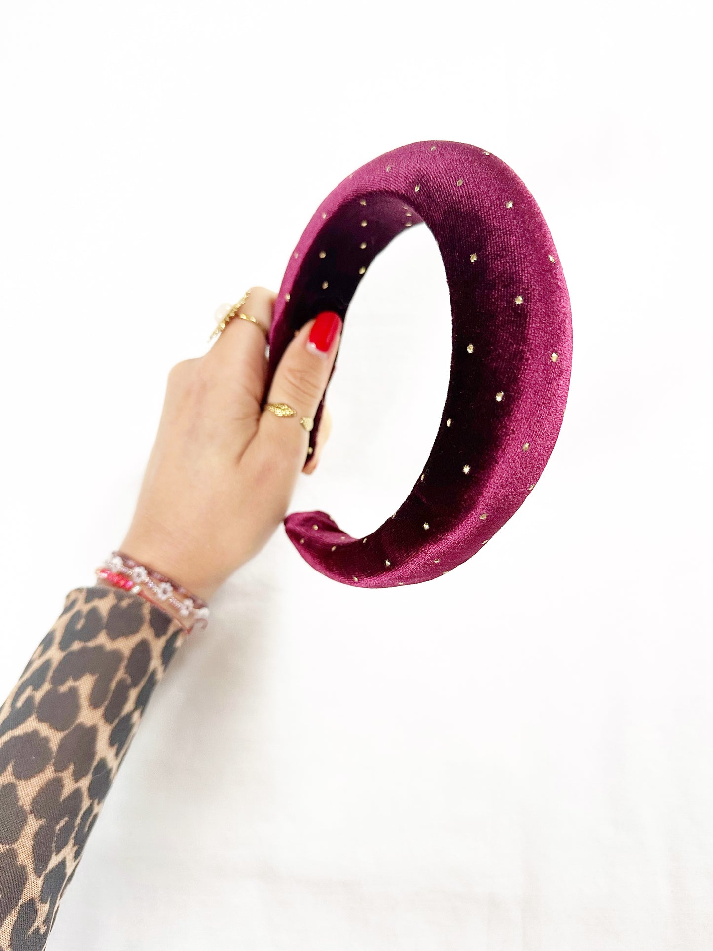 Padded Headband in burgundy gold stud velvet