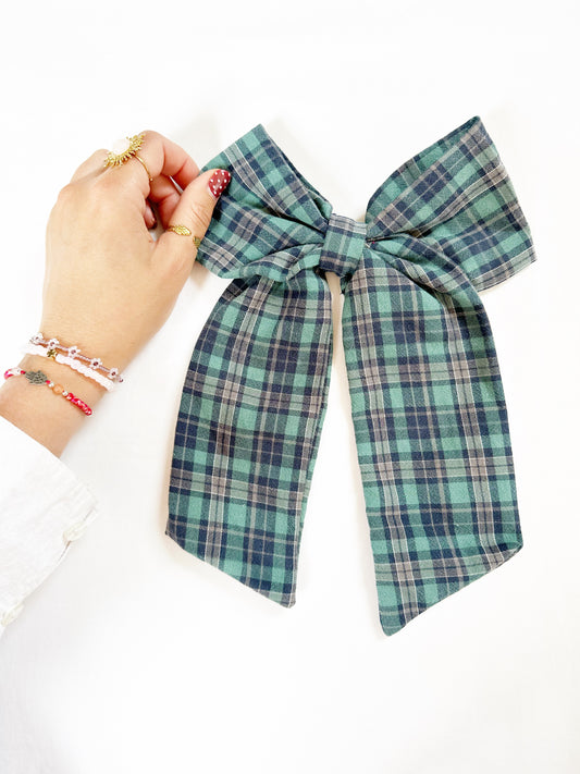 POWER Hair Bow in green tartan