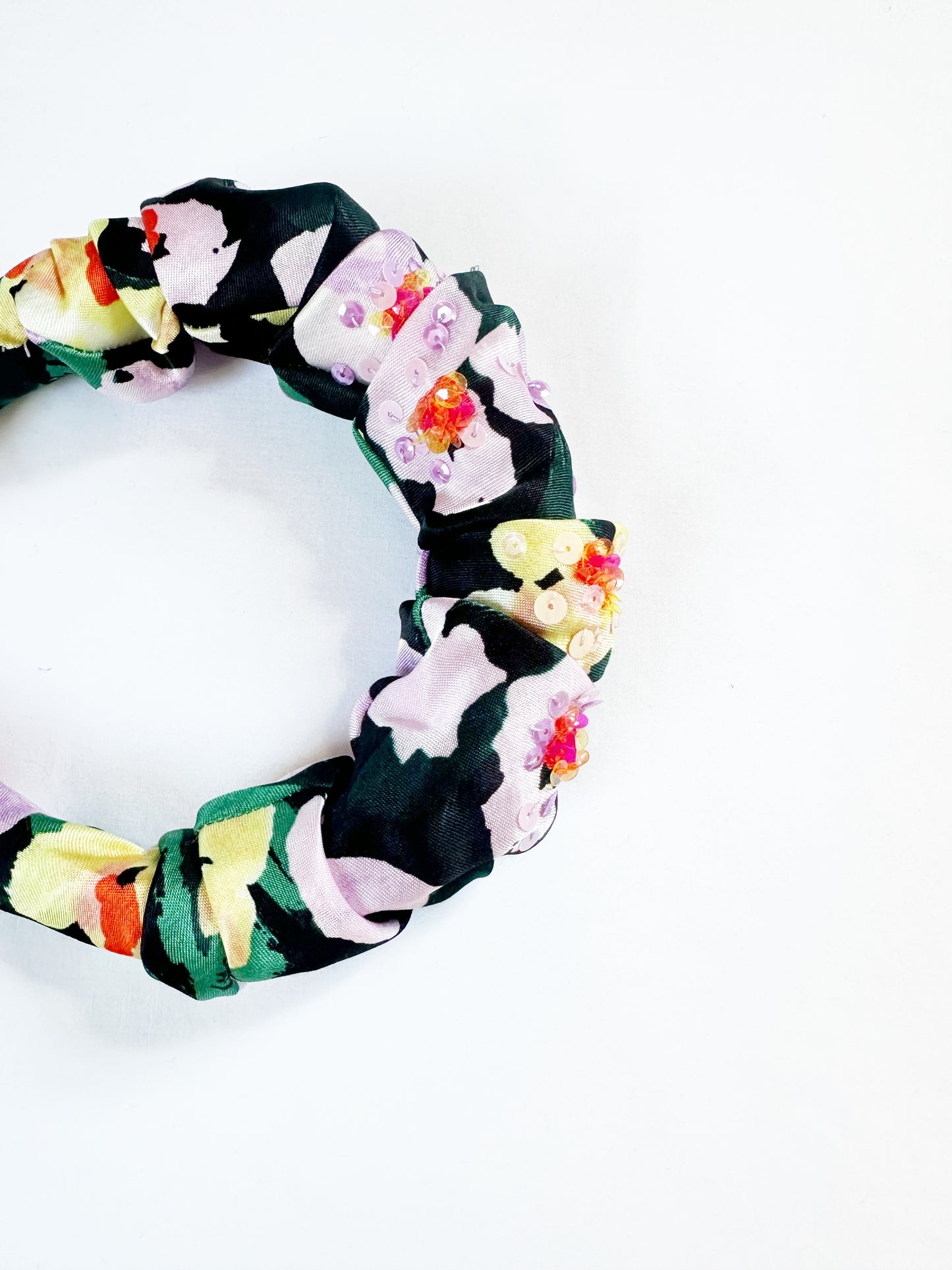 The Kate -  Ruffle Headband in silky floral sequins