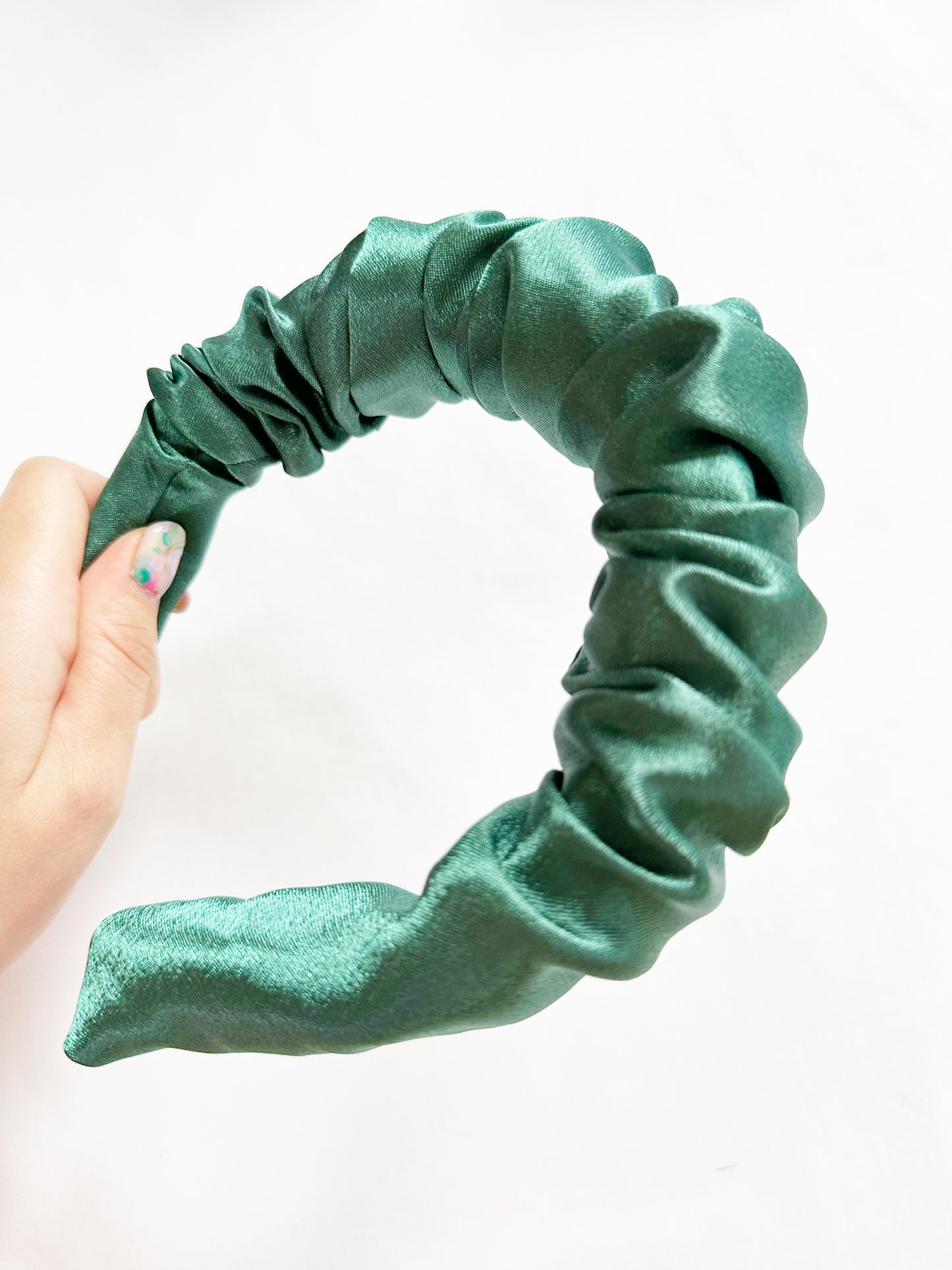 Ruffled Headband in forest green silk