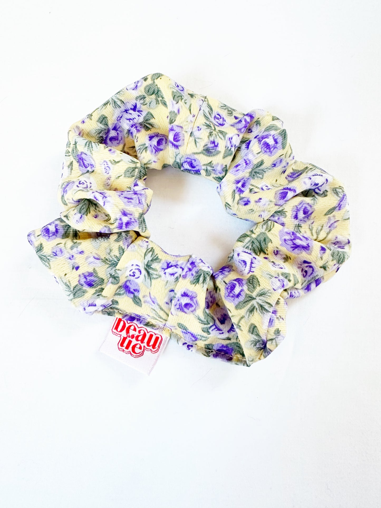 OG scrunchie in lilac and yellow rose print