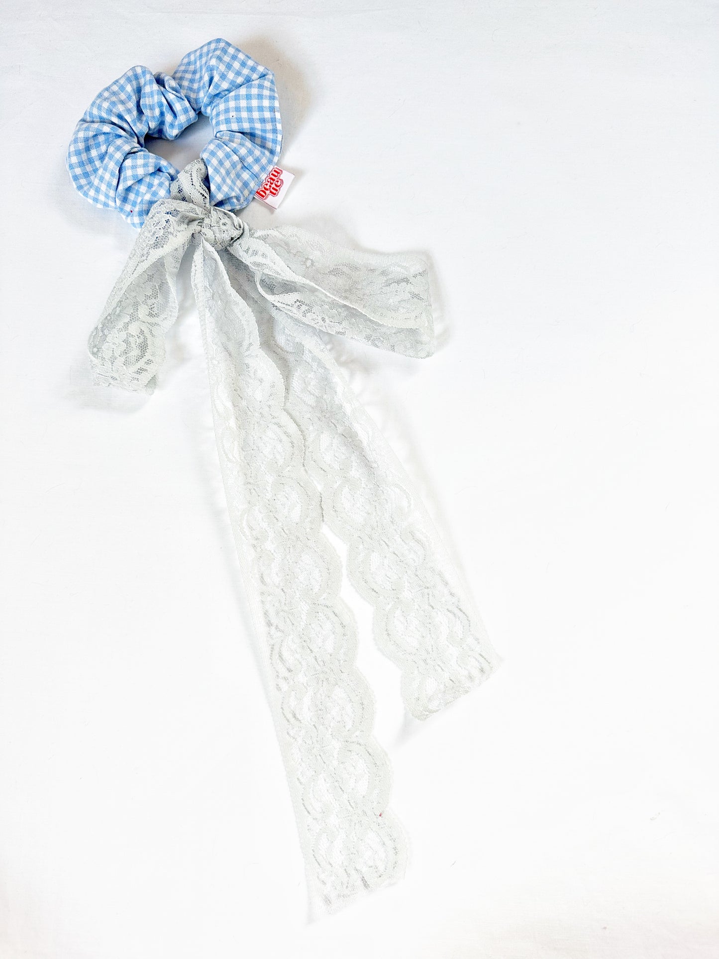 Lace bow scrunchie in baby blue gingham